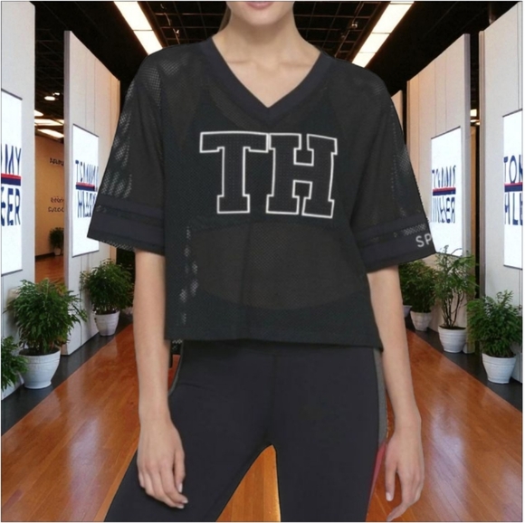 Tommy Hilfiger Sport  Black Mesh Short Sleeve Oversized Crop Jersey - Picture 1 of 11